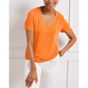 TALBOTS‎ Metallic Bead Trim V-Neck Top Women's Size Small Linen Blend Orange